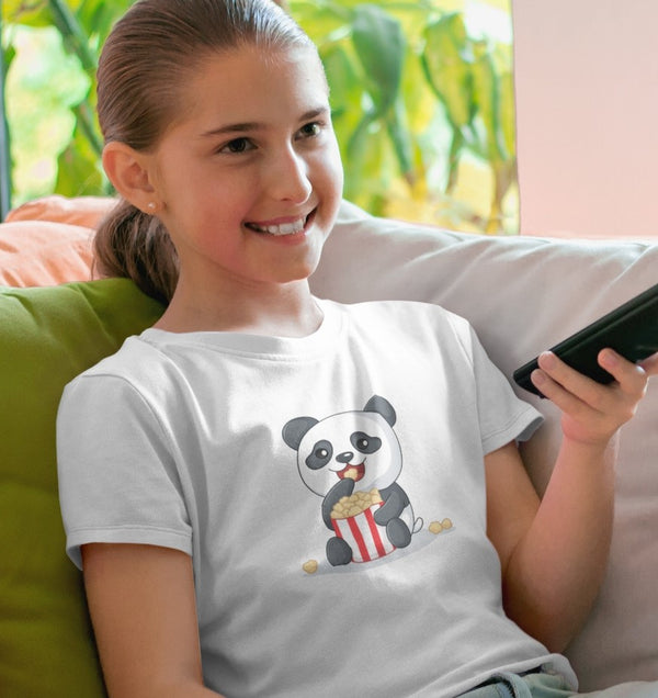 Panda with popcorn- Girl's Half Sleeve T-shirt